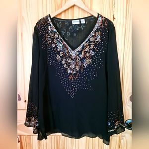 Chico's Uniquely Embellished Beaded V Neck Pullover Sheer Lined Dress Top Size 1